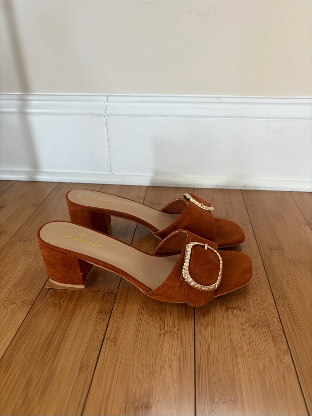 Lulu's Rust Suede Block Heel Slide Sandals with Gold Buckle